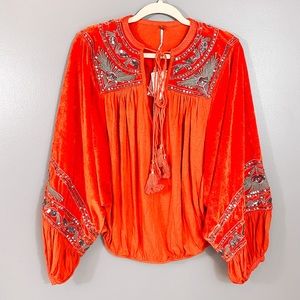 Free People- Hearts Aflame Red Velvet Blouse
